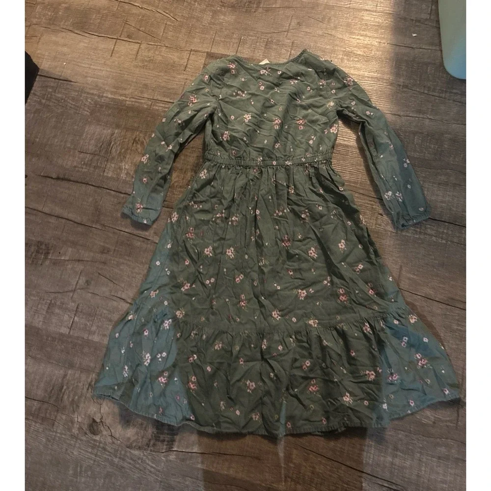 OshKosh Bgosh Girls Green Floral Long Sleeve Button Front Tiered Midi Dress 8/8A
